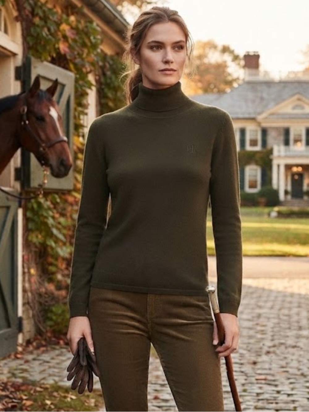 Lauren Ralph Lauren green merino wool cotton turtleneck made Hong Kong